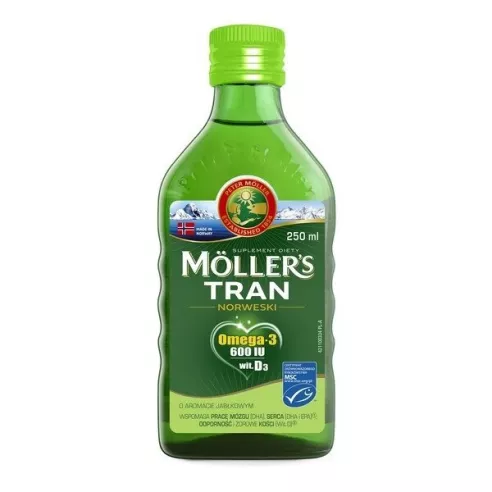 Tran Norweski z witaminami A,D,E ,600 IU, JABŁKOWY, 250 ml. Moller's