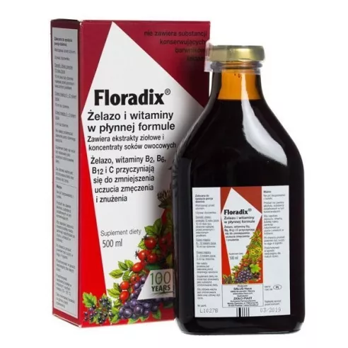 Floradix Żelazo i witaminy w płynnej formule, 500 ml.