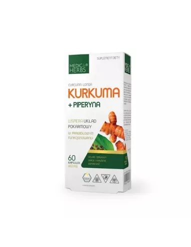 Kurkuma + Piperyna 602 mg. 60 kapsułek. Medica Herbs.