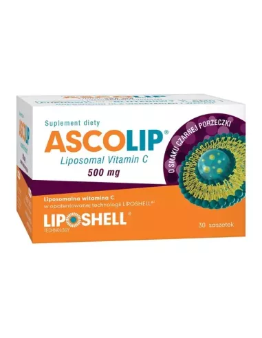 WYPRZEDAZ! data waznosci do 31.01.2025! Ascolip, Liposomal Vitamin C 500 mg. 30 saszetek. Czarna porzeczka.