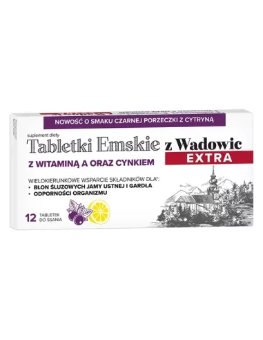 Tabletki Emskie z Wadowic Extra z witaminą A oraz cynkiem Czarna porzeczka, 12 tabletek do ssania. Polski Lek